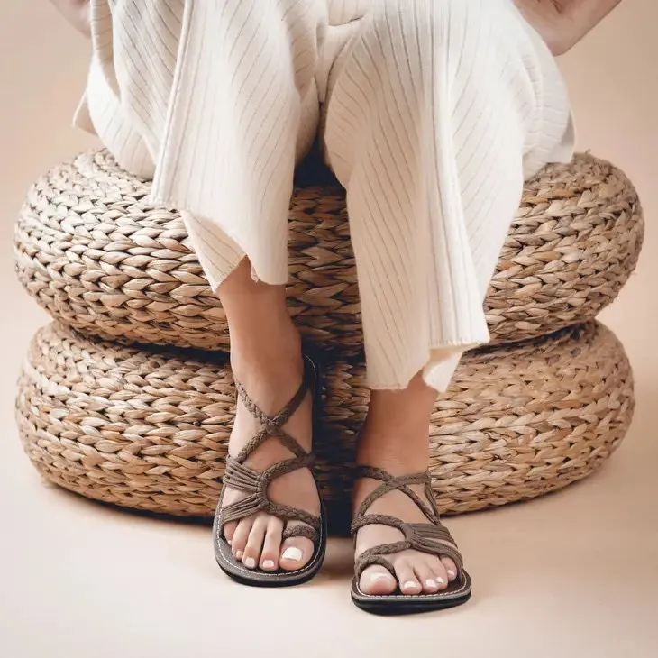 Plaka Taupe Palm Leaf Flat Sandal
