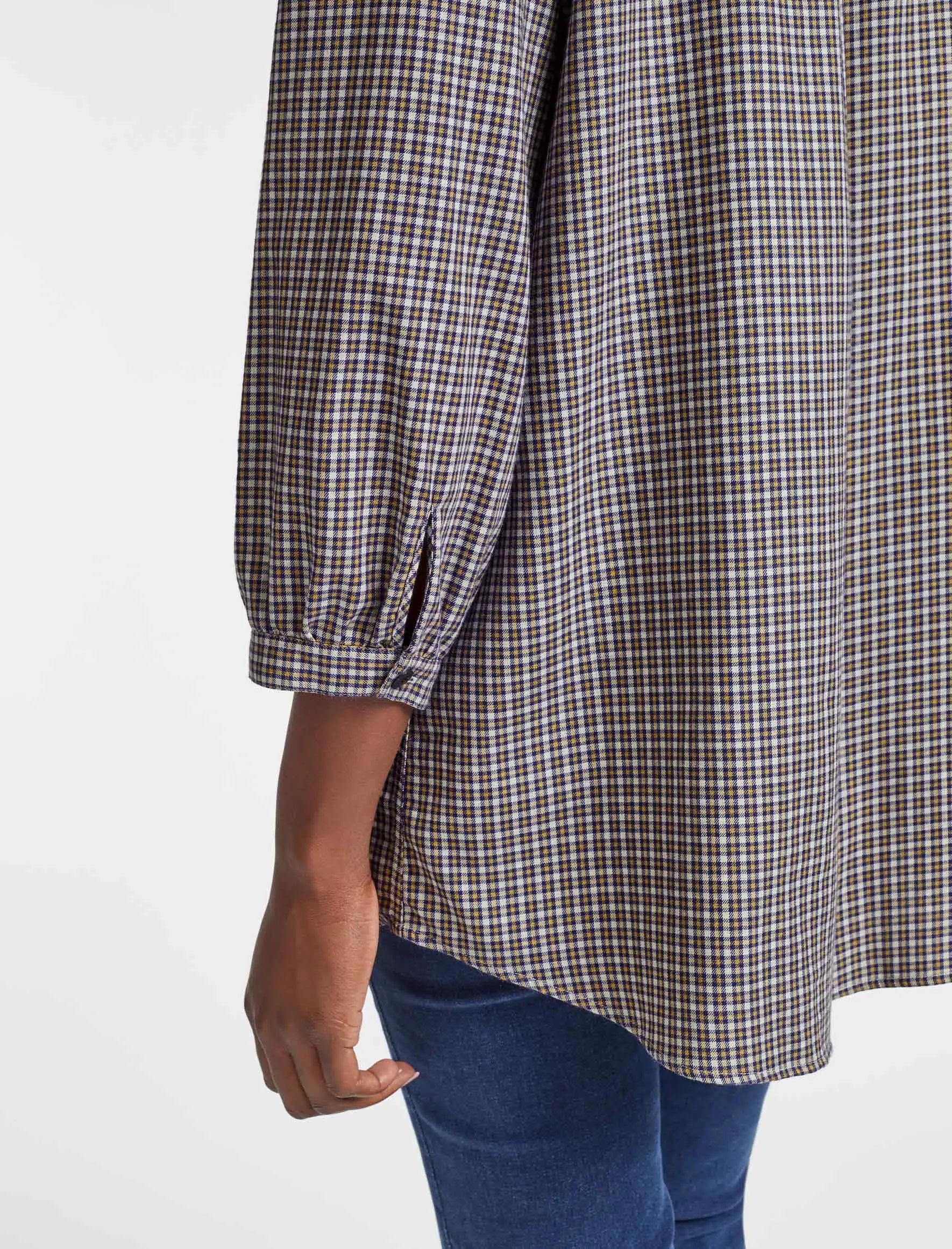 Stevie Brushed Cotton Long Line Tunic Shirt - Tan/Navy Check