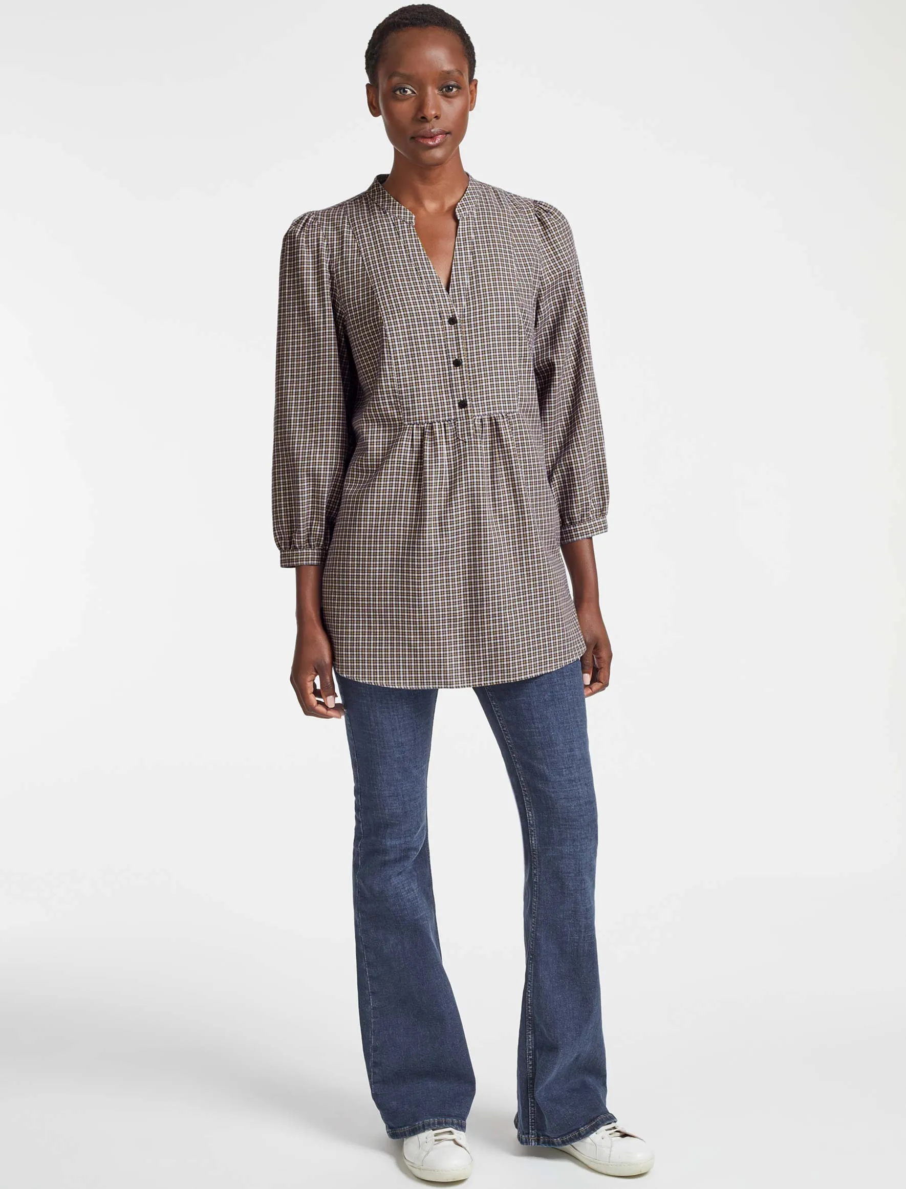 Stevie Brushed Cotton Long Line Tunic Shirt - Tan/Navy Check