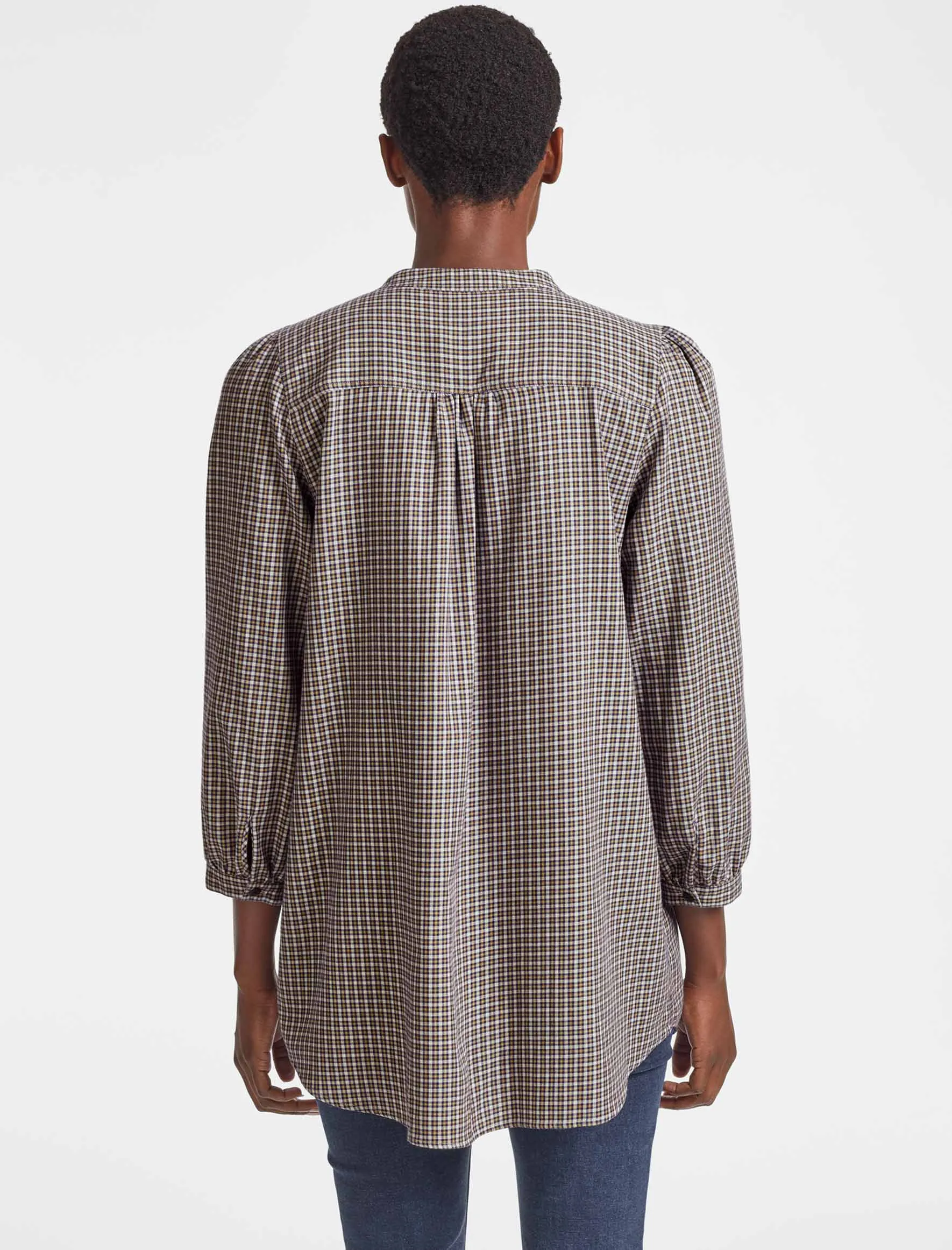 Stevie Brushed Cotton Long Line Tunic Shirt - Tan/Navy Check