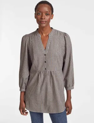 Stevie Brushed Cotton Long Line Tunic Shirt - Tan/Navy Check