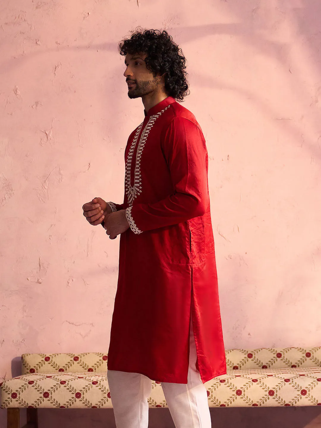 Vastramay Men's Red Silk Machine Embroidered Kurta