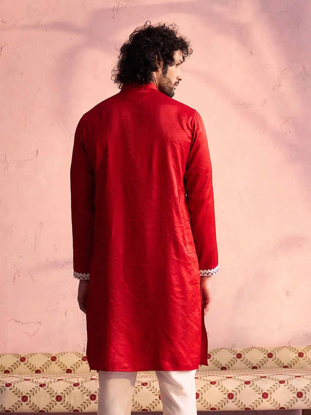Vastramay Men's Red Silk Machine Embroidered Kurta