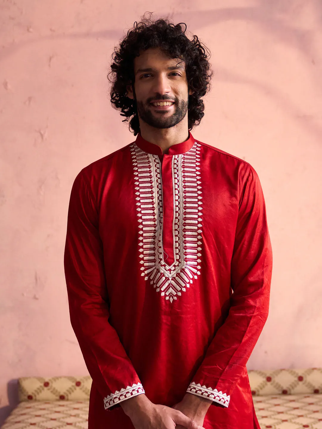 Vastramay Men's Red Silk Machine Embroidered Kurta