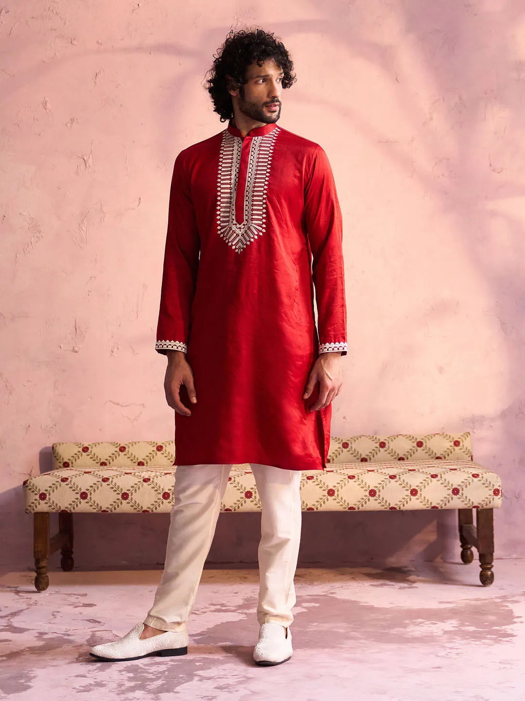 Vastramay Men's Red Silk Machine Embroidered Kurta