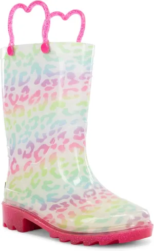 Western Chief Kids Waterproof Light Up Rain Boots With Handles for Easy On and Off for Boys and Girls, Leopard, 13