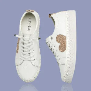 White Leather Sneakers with Heart Shaped Crystal | Rose Gold