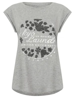 Womens  Cotton T-Shirt with Turn-Up Sleeves In Light Grey Marl - Tokyo Laundry